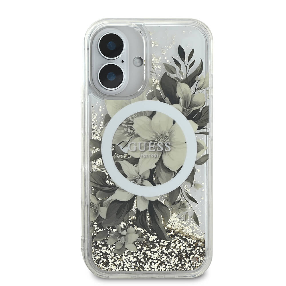 Capa MagSafe para Apple iPhone 16, Guess, Liquid Glitter Flower, Bege