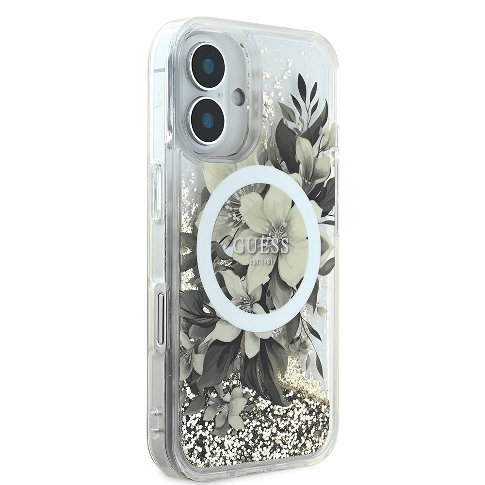 Capa MagSafe para Apple iPhone 16, Guess, Liquid Glitter Flower, Bege