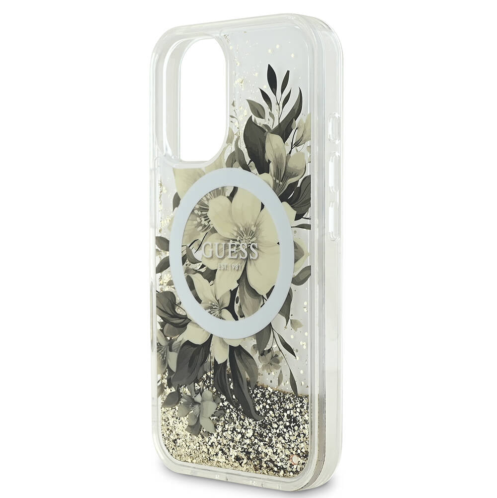 Capa MagSafe para Apple iPhone 16, Guess, Liquid Glitter Flower, Bege
