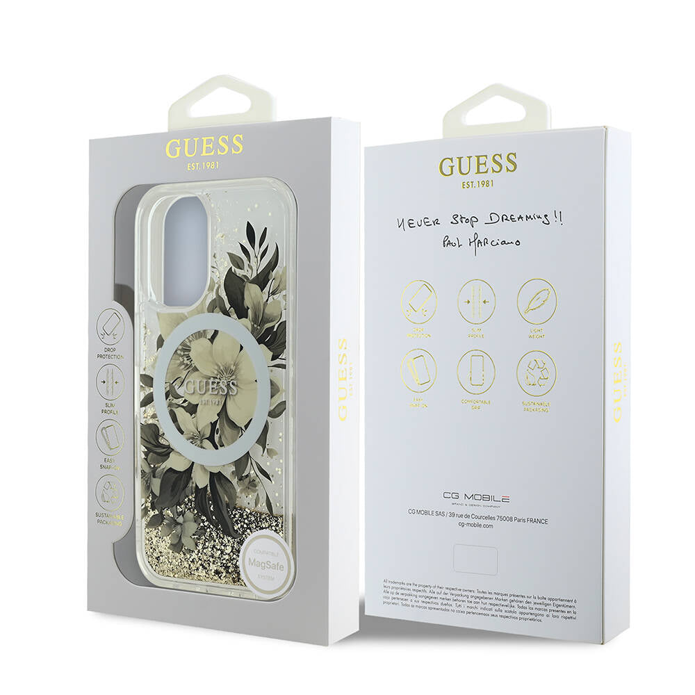 Capa MagSafe para Apple iPhone 16, Guess, Liquid Glitter Flower, Bege