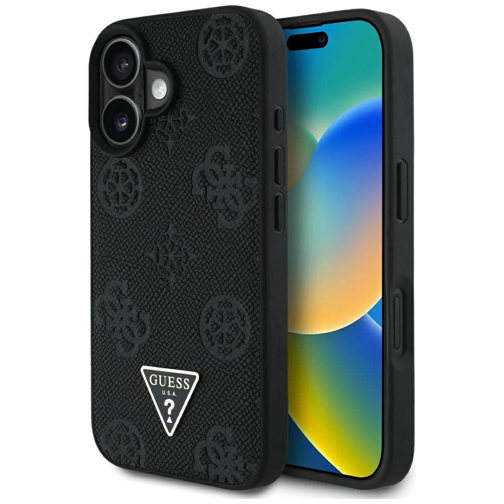 Capa MagSafe para Apple iPhone 16, Guess, Peony Grained Hot Stamp Triangle, Preta