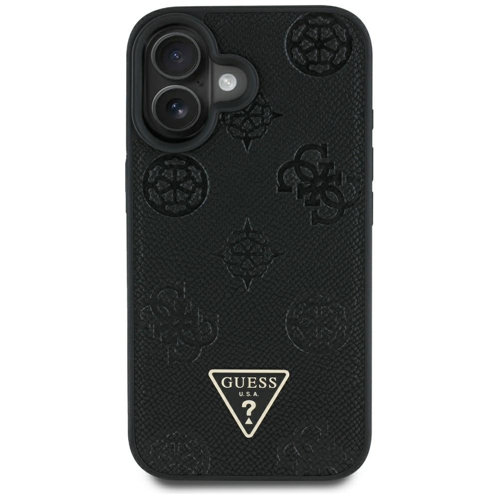 Capa MagSafe para Apple iPhone 16, Guess, Peony Grained Hot Stamp Triangle, Preta