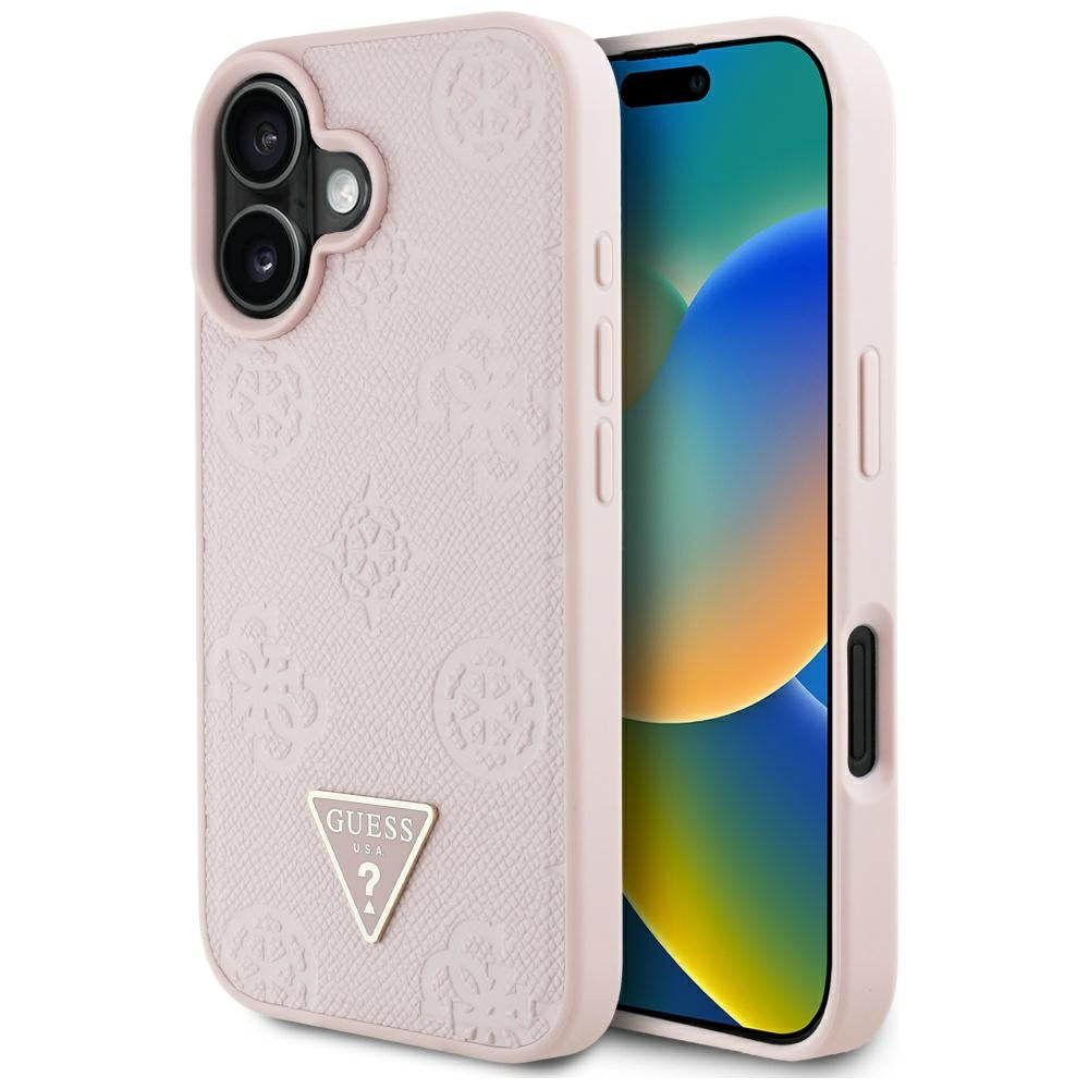 Capa MagSafe para Apple iPhone 16, Guess, Peony Grained Hot Stamp Triangle, Rosa