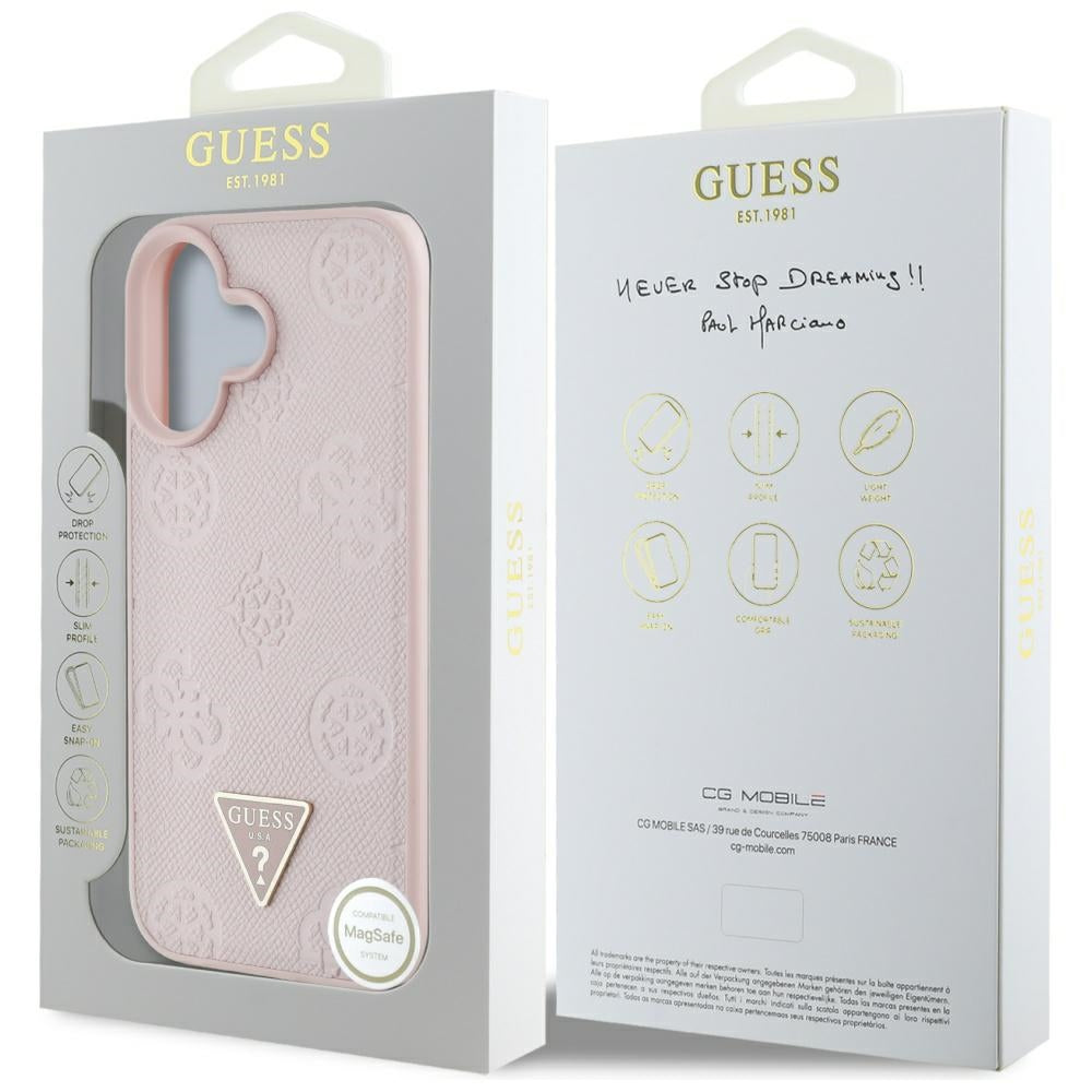 Capa MagSafe para Apple iPhone 16, Guess, Peony Grained Hot Stamp Triangle, Rosa