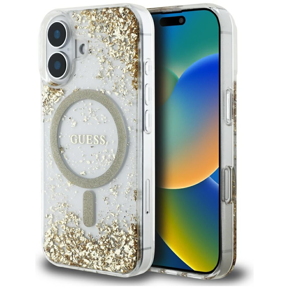 MagSafe Case for Apple iPhone 16, Guess, Resin Bottom Glitter, Gold