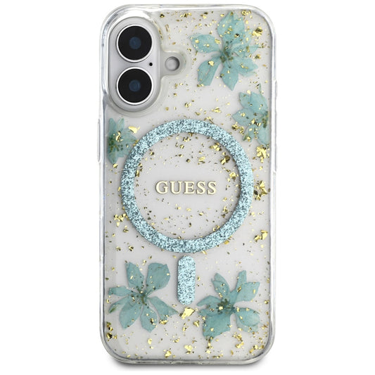 Capa MagSafe para Apple iPhone 16, Guess, Flores de Resina e Glitter, Turquesa