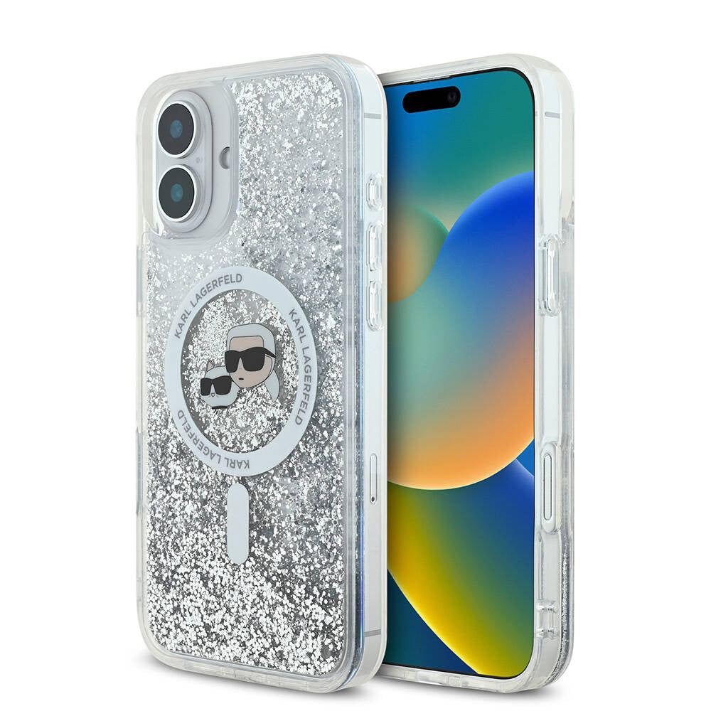 Capa MagSafe para Apple iPhone 16, Karl Lagerfeld, Glitter Liquid Karl & Choupette's Heads, Transparente