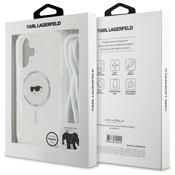 Capa MagSafe para Apple iPhone 16, Karl Lagerfeld, IML Crossbody Karl's Head, Transparente