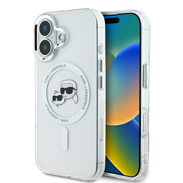 Capa MagSafe para Apple iPhone 16, Karl Lagerfeld, IML Metal Karl & Choupette's Heads, Branca