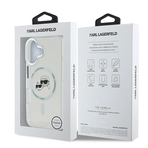 Capa MagSafe para Apple iPhone 16, Karl Lagerfeld, IML Metal Karl & Choupette's Heads, Branca