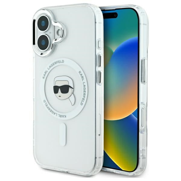 Capa MagSafe para Apple iPhone 16, Karl Lagerfeld, IML Metal Karl's Head, Branca.