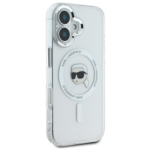 Capa MagSafe para Apple iPhone 16, Karl Lagerfeld, IML Metal Karl's Head, Branca.