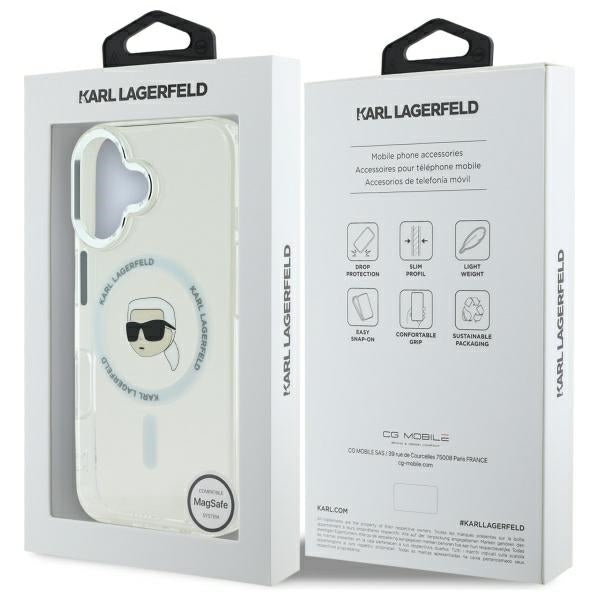 Capa MagSafe para Apple iPhone 16, Karl Lagerfeld, IML Metal Karl's Head, Branca.