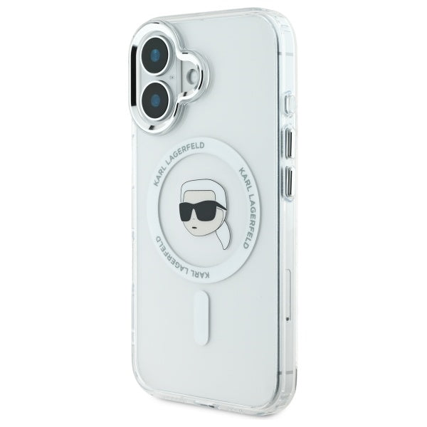 Capa MagSafe para Apple iPhone 16, Karl Lagerfeld, IML Metal Karl's Head, Branca.