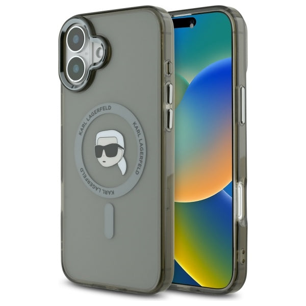 Capa MagSafe para Apple iPhone 16, Karl Lagerfeld, IML Metal Karl's Head, Preta