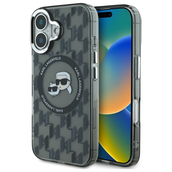 Capa MagSafe para Apple iPhone 16, Karl Lagerfeld, IML Monogram Karl & Choupette's Heads, Preta.