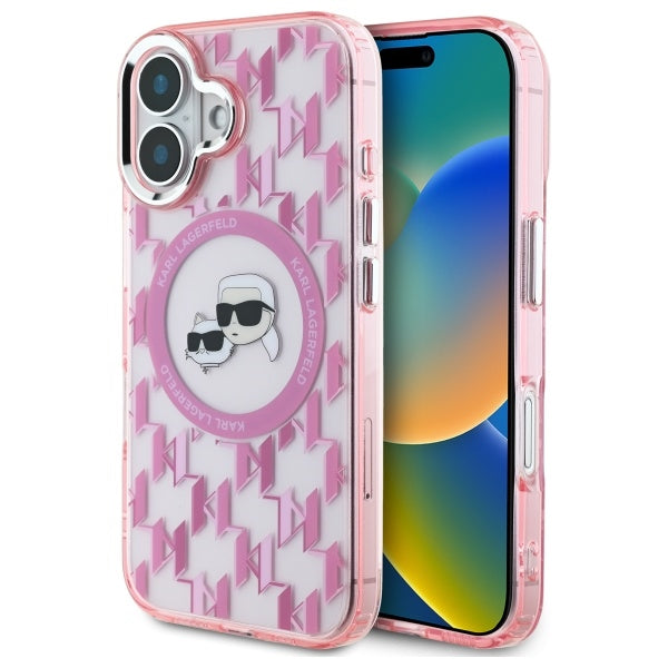 Capa MagSafe para Apple iPhone 16, Karl Lagerfeld, IML Monograma Karl & Cabeças de Choupette, Rosa