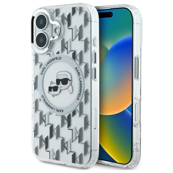 Capa MagSafe para Apple iPhone 16, Karl Lagerfeld, IML Monograma Karl & Cabeças de Choupette, Transparente