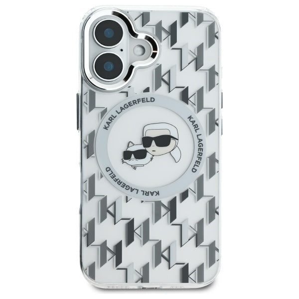Capa MagSafe para Apple iPhone 16, Karl Lagerfeld, IML Monograma Karl & Cabeças de Choupette, Transparente