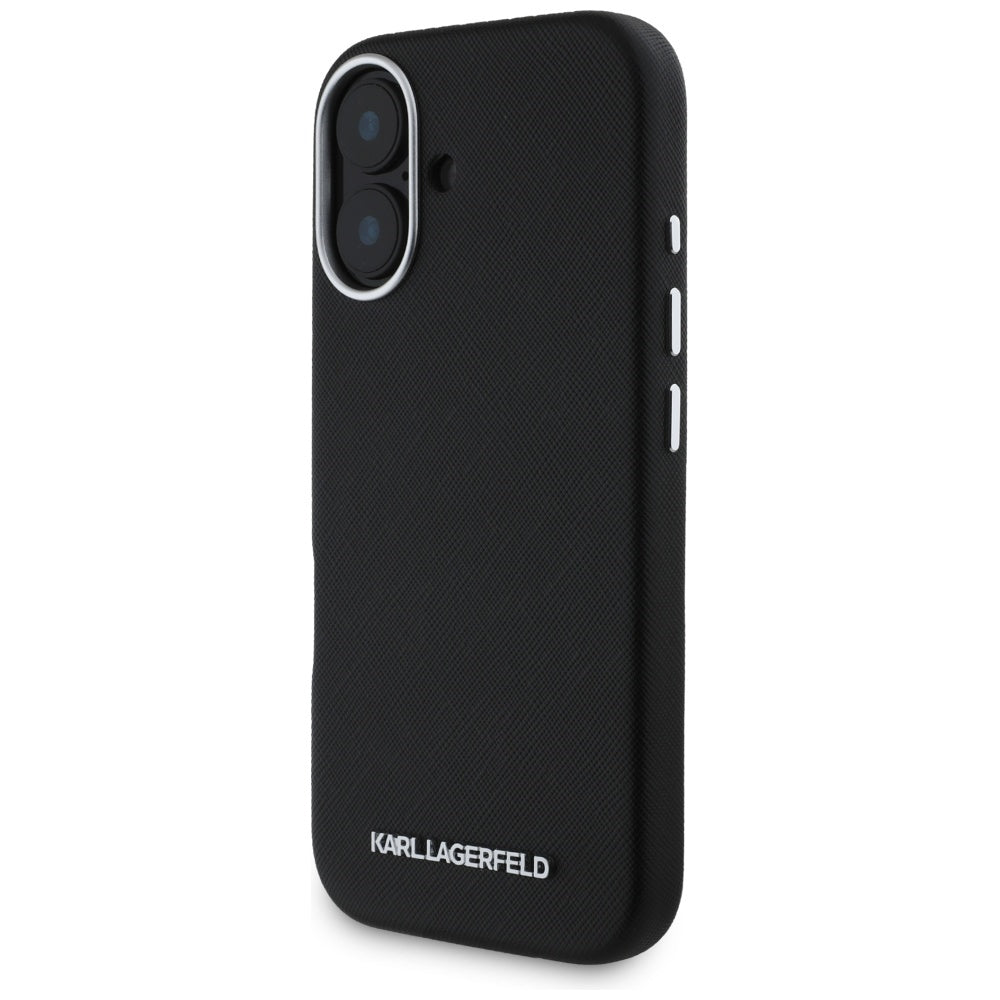 Capa MagSafe para Apple iPhone 16, Karl Lagerfeld, Saffiano Full Wrapped Elongated Metal Logo, Preta