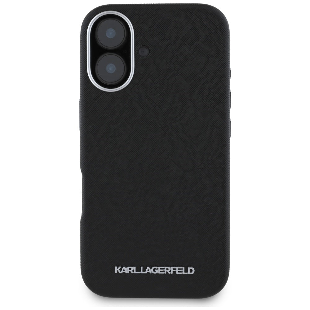 Capa MagSafe para Apple iPhone 16, Karl Lagerfeld, Saffiano Full Wrapped Elongated Metal Logo, Preta