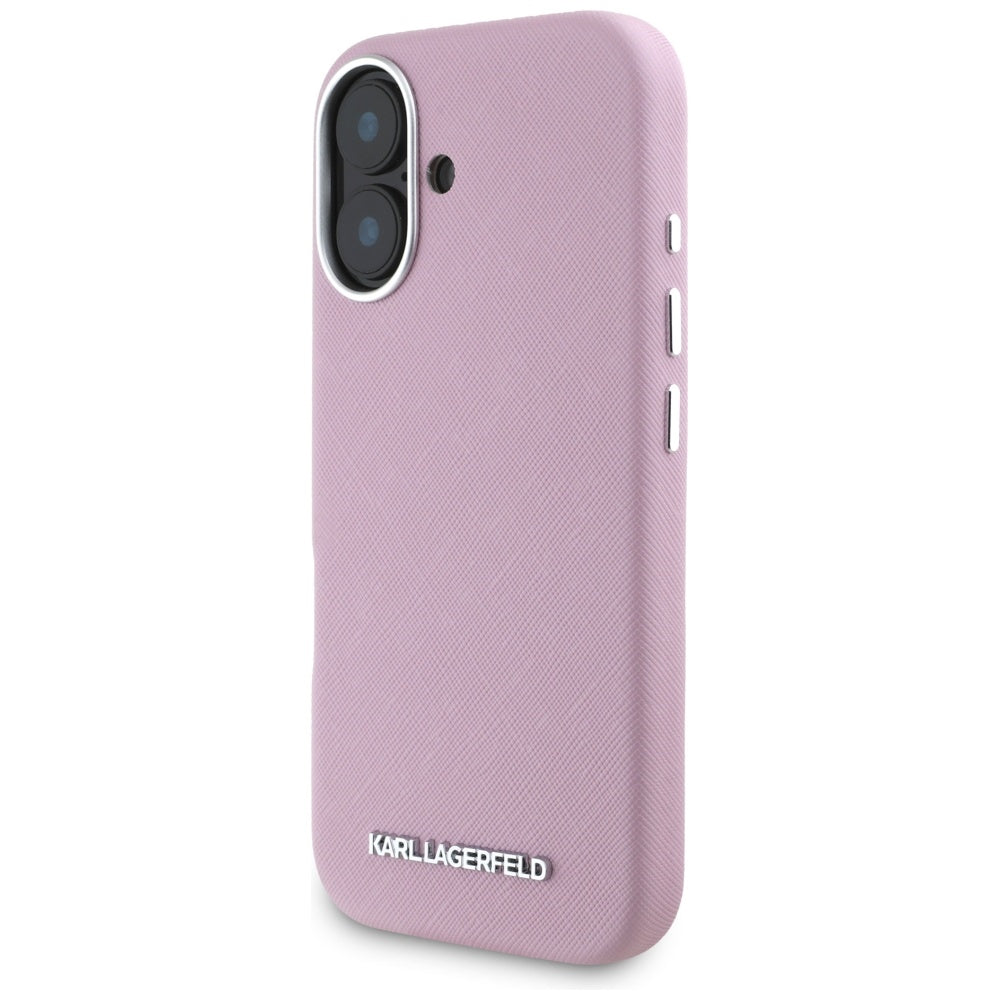 Capa MagSafe para Apple iPhone 16, Karl Lagerfeld, Saffiano Full Wrapped Elongated Metal Logo, Rosa