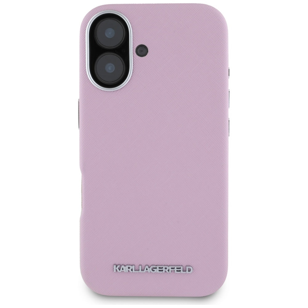 Capa MagSafe para Apple iPhone 16, Karl Lagerfeld, Saffiano Full Wrapped Elongated Metal Logo, Rosa