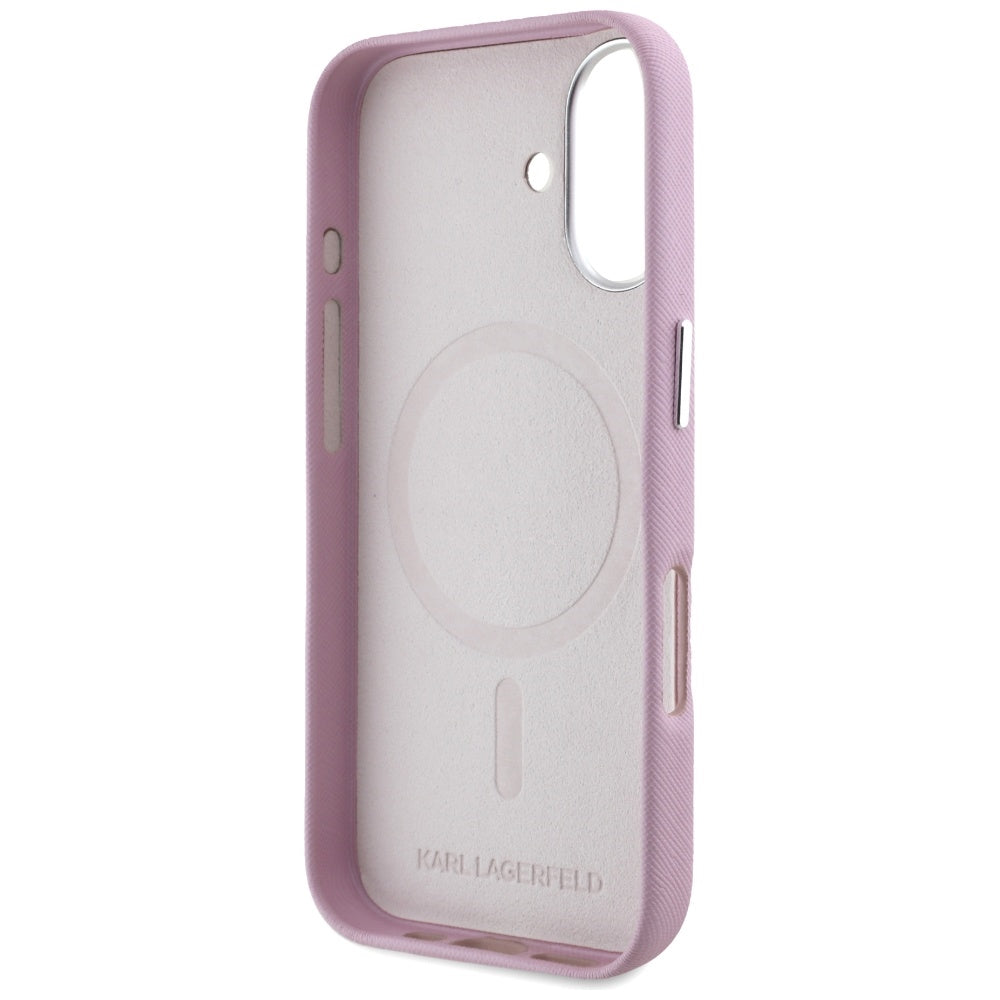 Capa MagSafe para Apple iPhone 16, Karl Lagerfeld, Saffiano Full Wrapped Elongated Metal Logo, Rosa