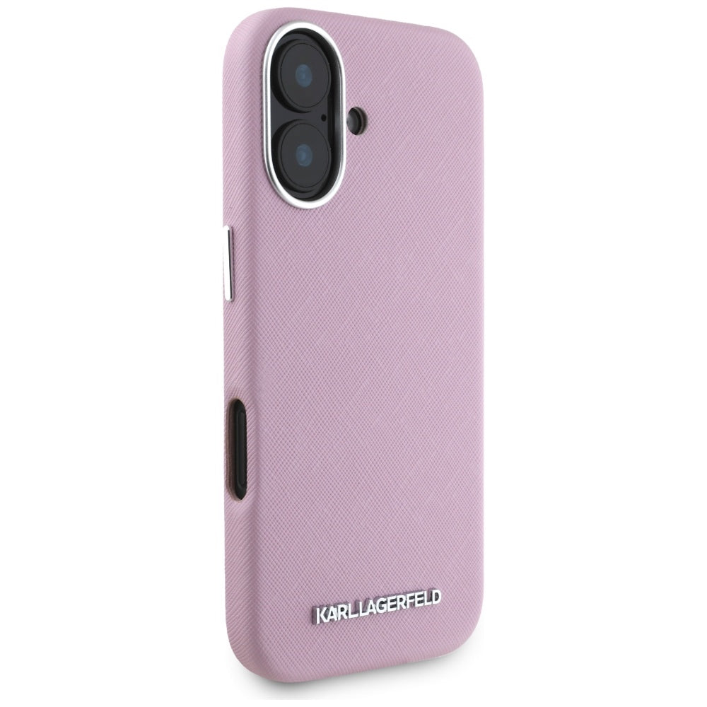 Capa MagSafe para Apple iPhone 16, Karl Lagerfeld, Saffiano Full Wrapped Elongated Metal Logo, Rosa