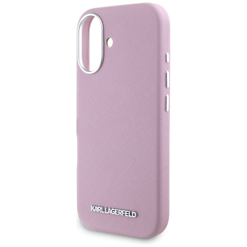 Capa MagSafe para Apple iPhone 16, Karl Lagerfeld, Saffiano Full Wrapped Elongated Metal Logo, Rosa