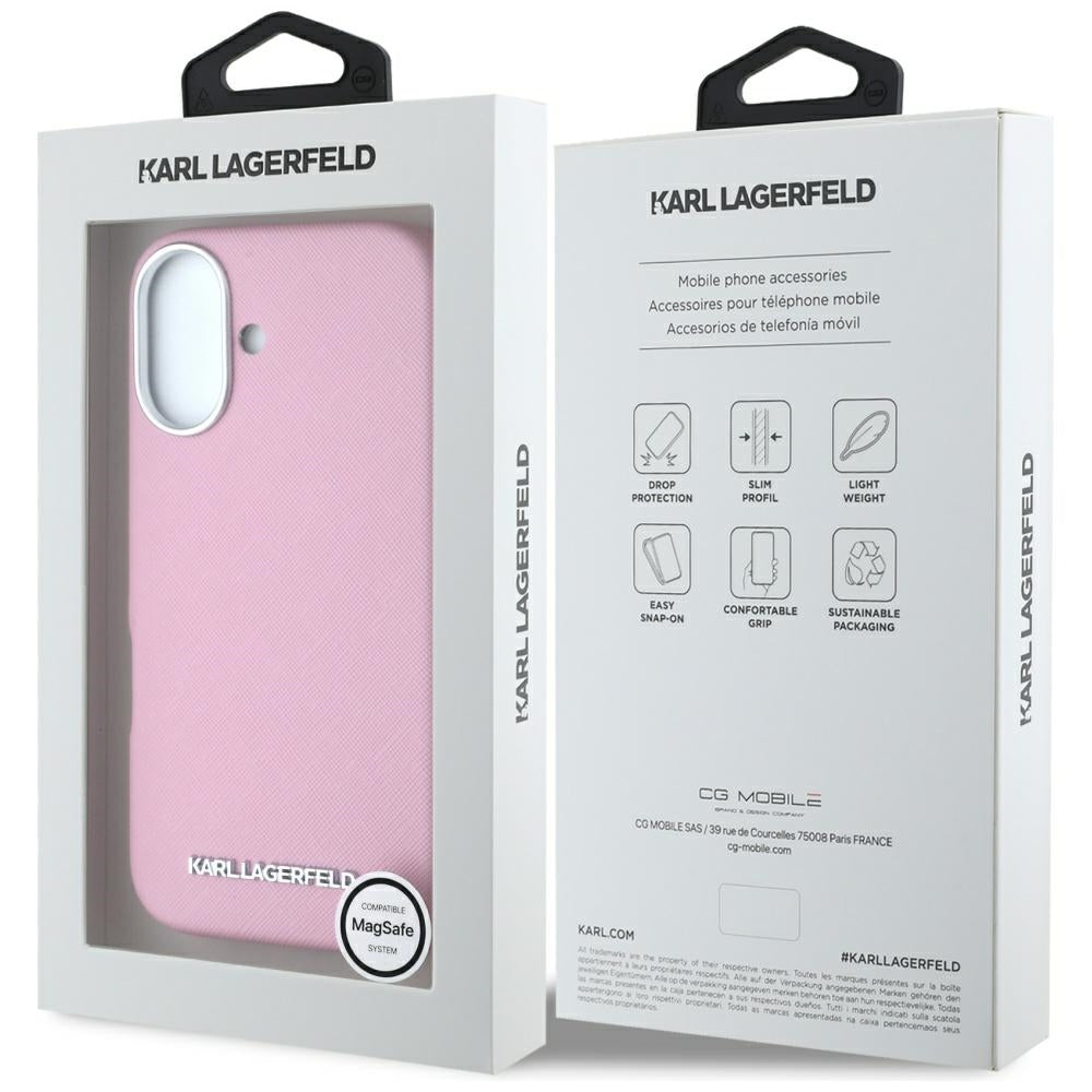 Capa MagSafe para Apple iPhone 16, Karl Lagerfeld, Saffiano Full Wrapped Elongated Metal Logo, Rosa