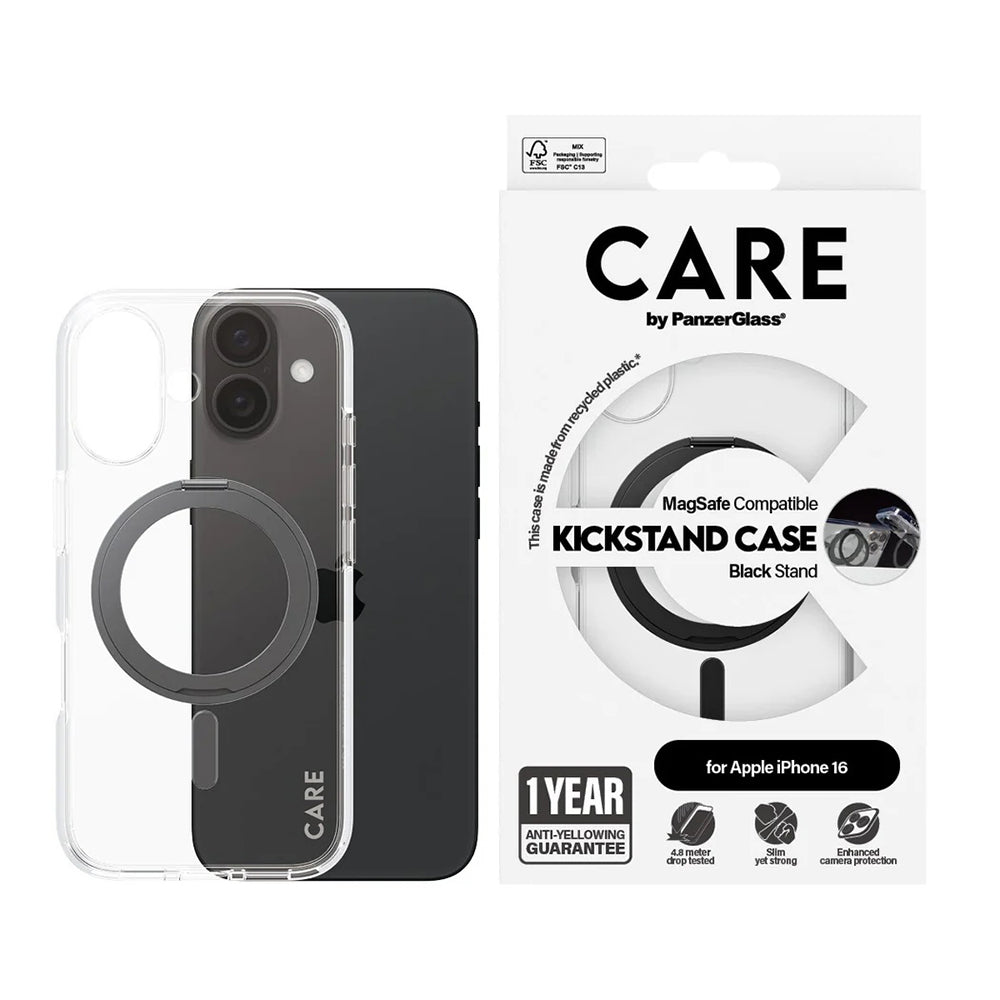 Capa MagSafe para Apple iPhone 16, PanzerGlass, com Suporte Kickstand, Transparente Negra