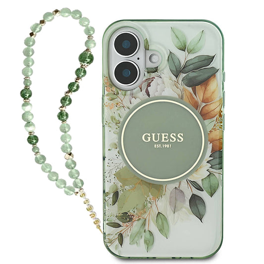 Capa MagSafe para Apple iPhone 16 Plus, Guess, IML Flowers with Pearl Strap, Verde