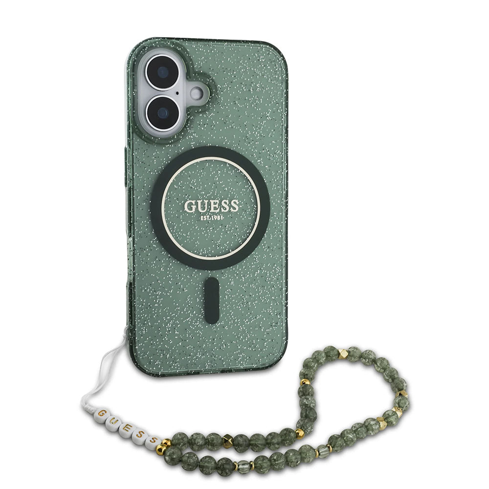 Capa MagSafe para Apple iPhone 16 Plus, Guess, IML Glitter com Alça de Pérola, Verde