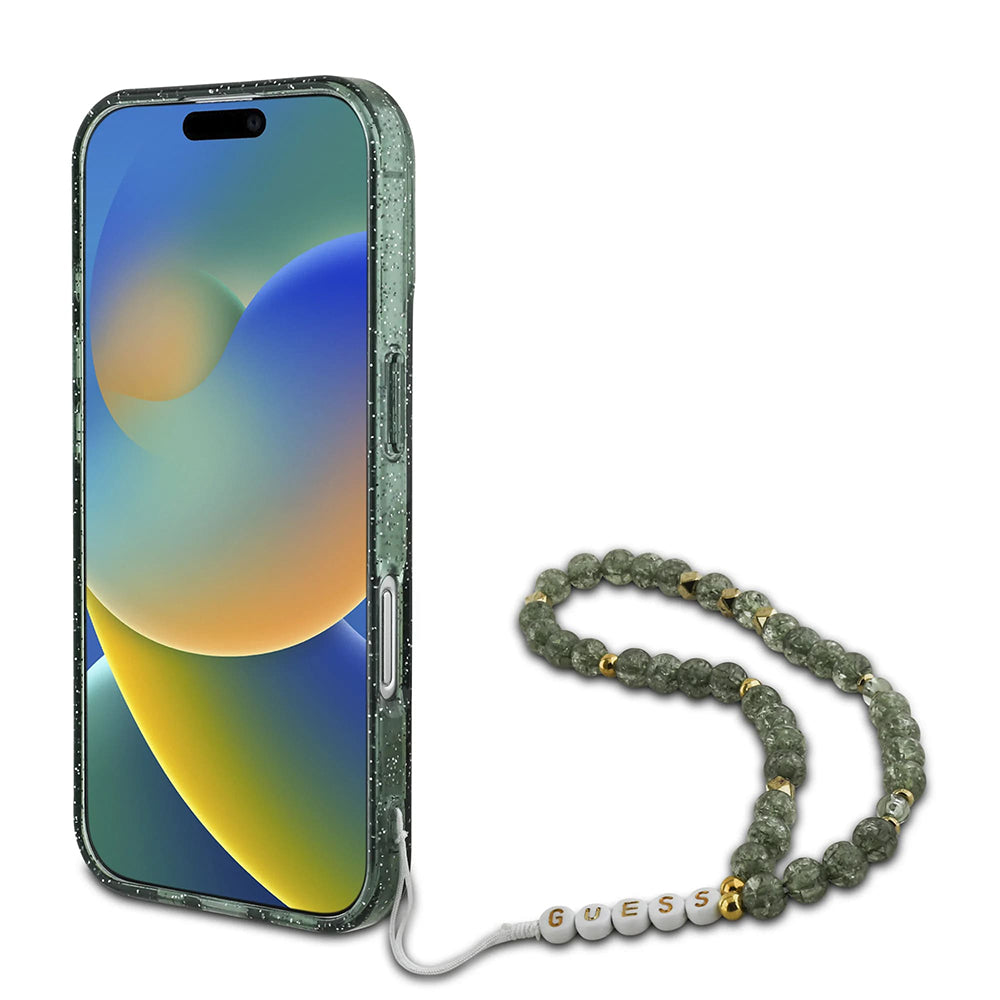 Capa MagSafe para Apple iPhone 16 Plus, Guess, IML Glitter com Alça de Pérola, Verde