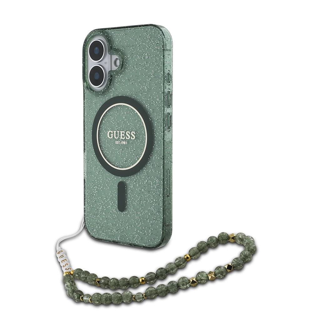 Capa MagSafe para Apple iPhone 16 Plus, Guess, IML Glitter com Alça de Pérola, Verde