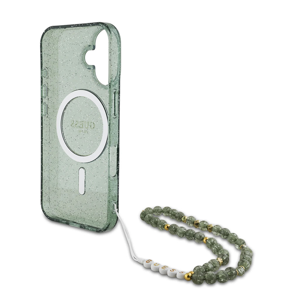 Capa MagSafe para Apple iPhone 16 Plus, Guess, IML Glitter com Alça de Pérola, Verde