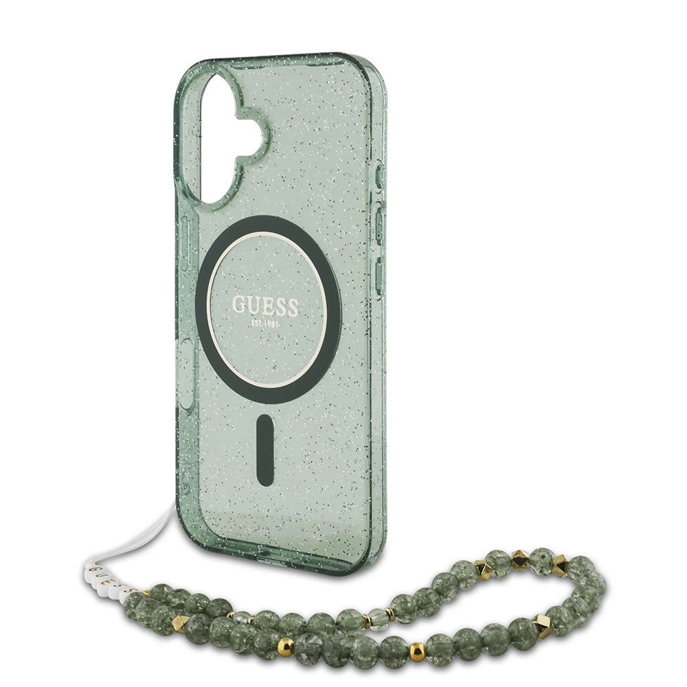 Capa MagSafe para Apple iPhone 16 Plus, Guess, IML Glitter com Alça de Pérola, Verde