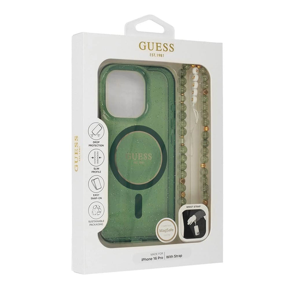 Capa MagSafe para Apple iPhone 16 Plus, Guess, IML Glitter com Alça de Pérola, Verde