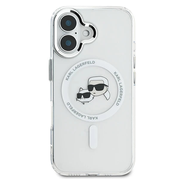 Capa MagSafe para Apple iPhone 16 Plus, Karl Lagerfeld, IML Metal Karl & Choupette's Heads, Branca.