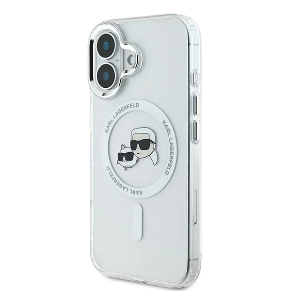 Capa MagSafe para Apple iPhone 16 Plus, Karl Lagerfeld, IML Metal Karl & Choupette's Heads, Branca.