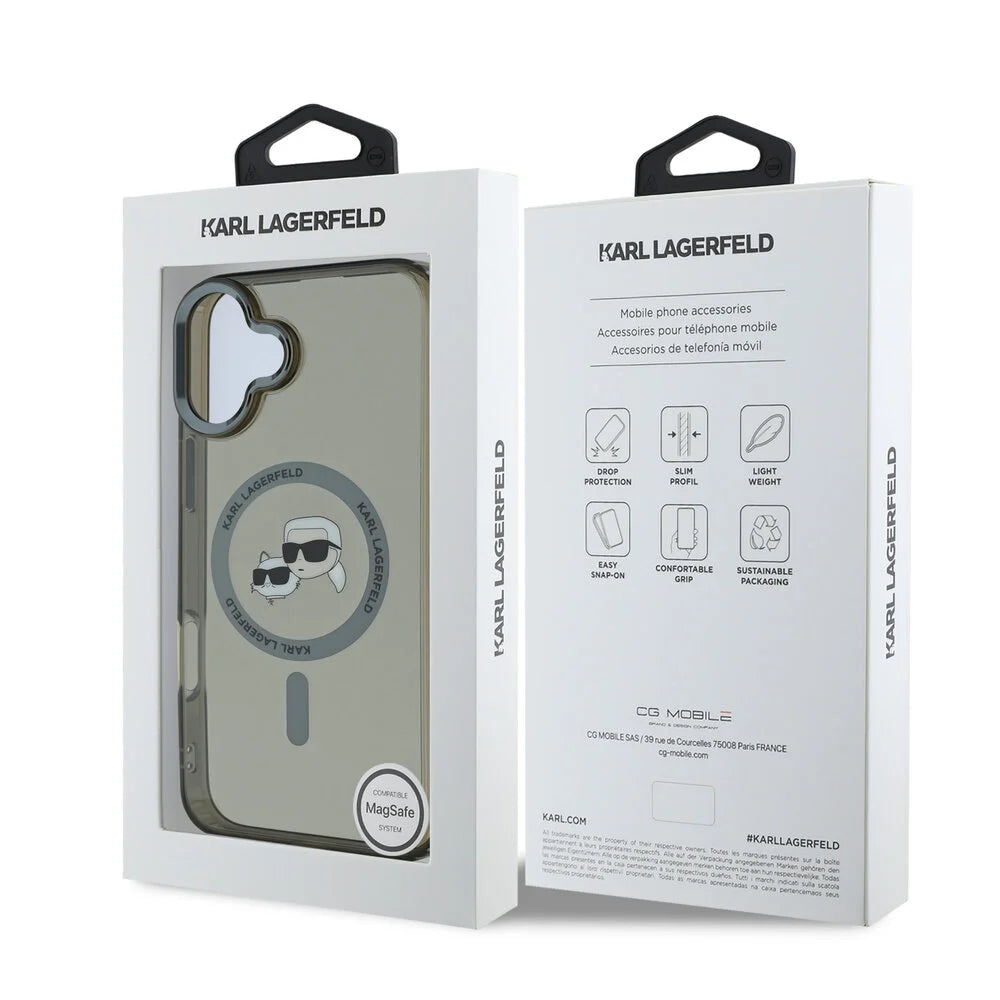 Capa MagSafe para Apple iPhone 16 Plus, Karl Lagerfeld, IML Metal Karl & Choupette's Heads, Preta.