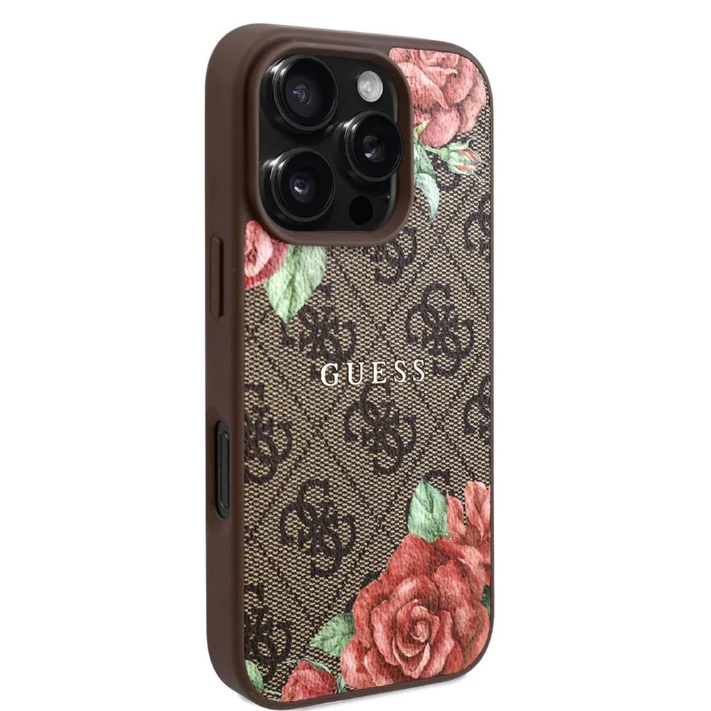 Capa MagSafe para Apple iPhone 16 Pro, Guess, Estampa de Flores 4G, Marrom