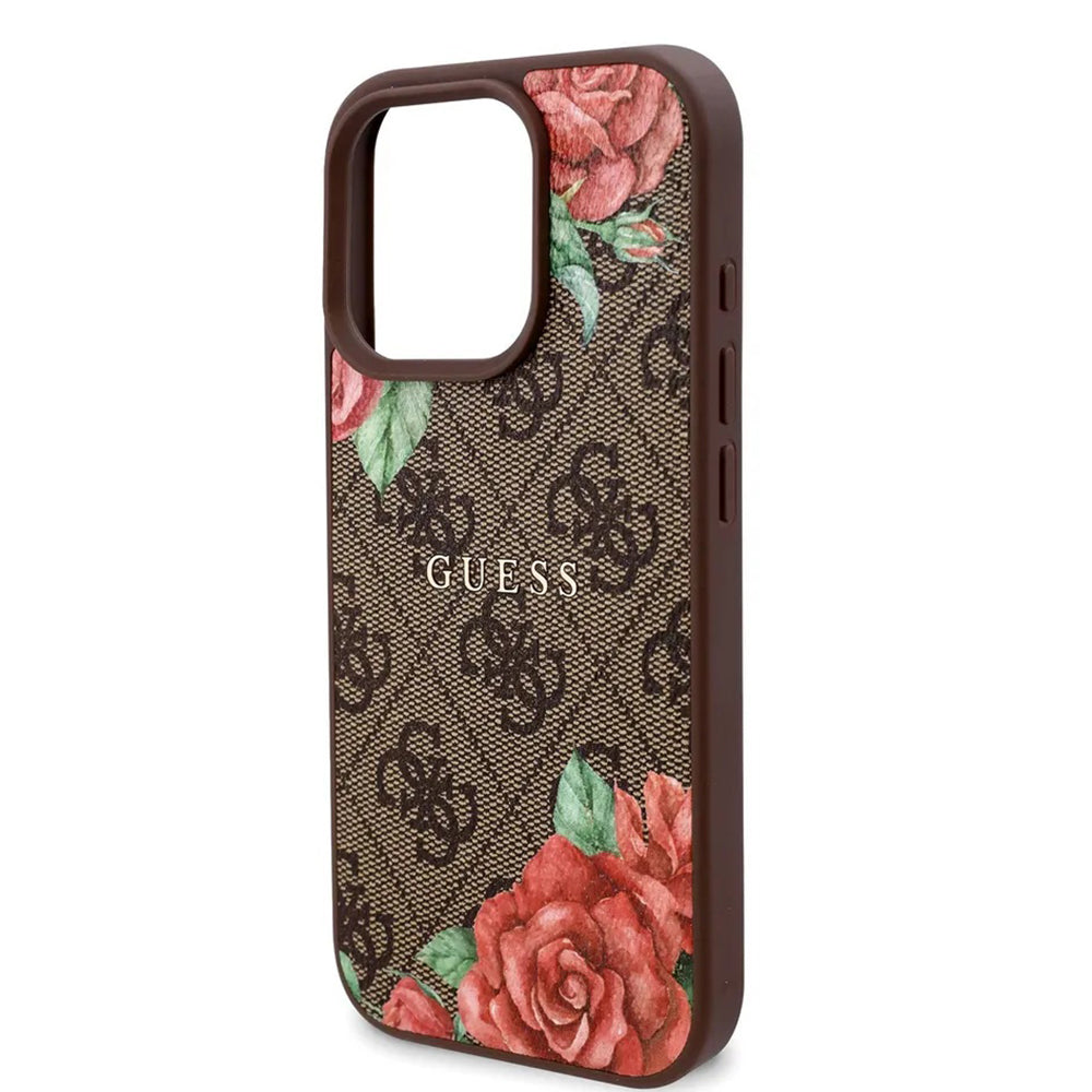 Capa MagSafe para Apple iPhone 16 Pro, Guess, Estampa de Flores 4G, Marrom