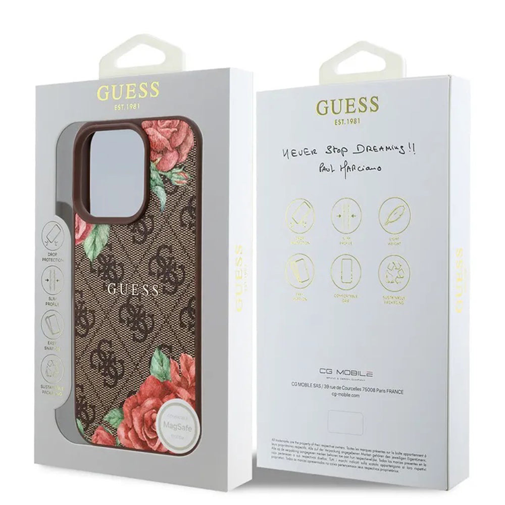 Capa MagSafe para Apple iPhone 16 Pro, Guess, Estampa de Flores 4G, Marrom