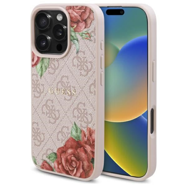 Capa MagSafe para Apple iPhone 16 Pro, Guess, Estampa de Flores 4G, Rosa