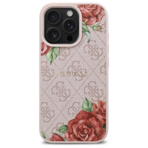 Capa MagSafe para Apple iPhone 16 Pro, Guess, Estampa de Flores 4G, Rosa