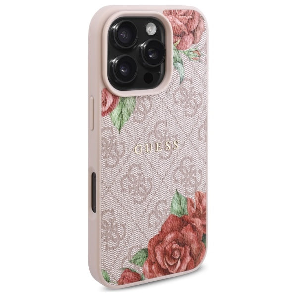 Capa MagSafe para Apple iPhone 16 Pro, Guess, Estampa de Flores 4G, Rosa