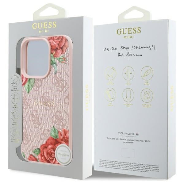 Capa MagSafe para Apple iPhone 16 Pro, Guess, Estampa de Flores 4G, Rosa