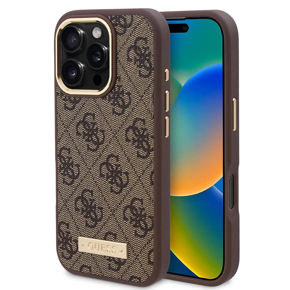 Capa MagSafe para Apple iPhone 16 Pro, Guess, 4G Logo Plate, Castanho